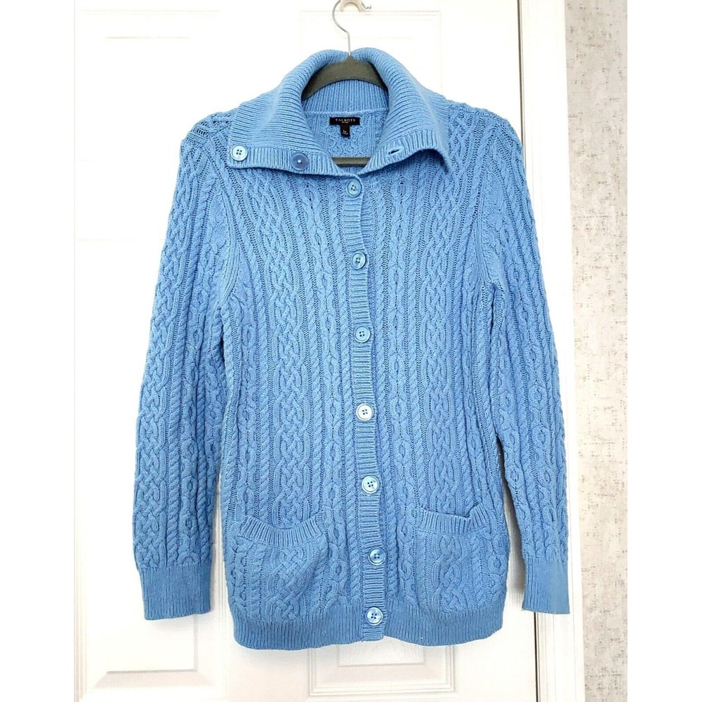 Talbots Women's Cable Knitted  Cotton Angora Cardigan Blue Sweater petite Large